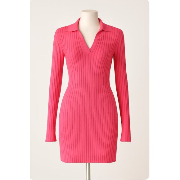 Helmut Lang Hot Pink Ribbed Knit Collared Mini Dress M Long Sleeve Bodycon Sexy - Picture 9 of 9